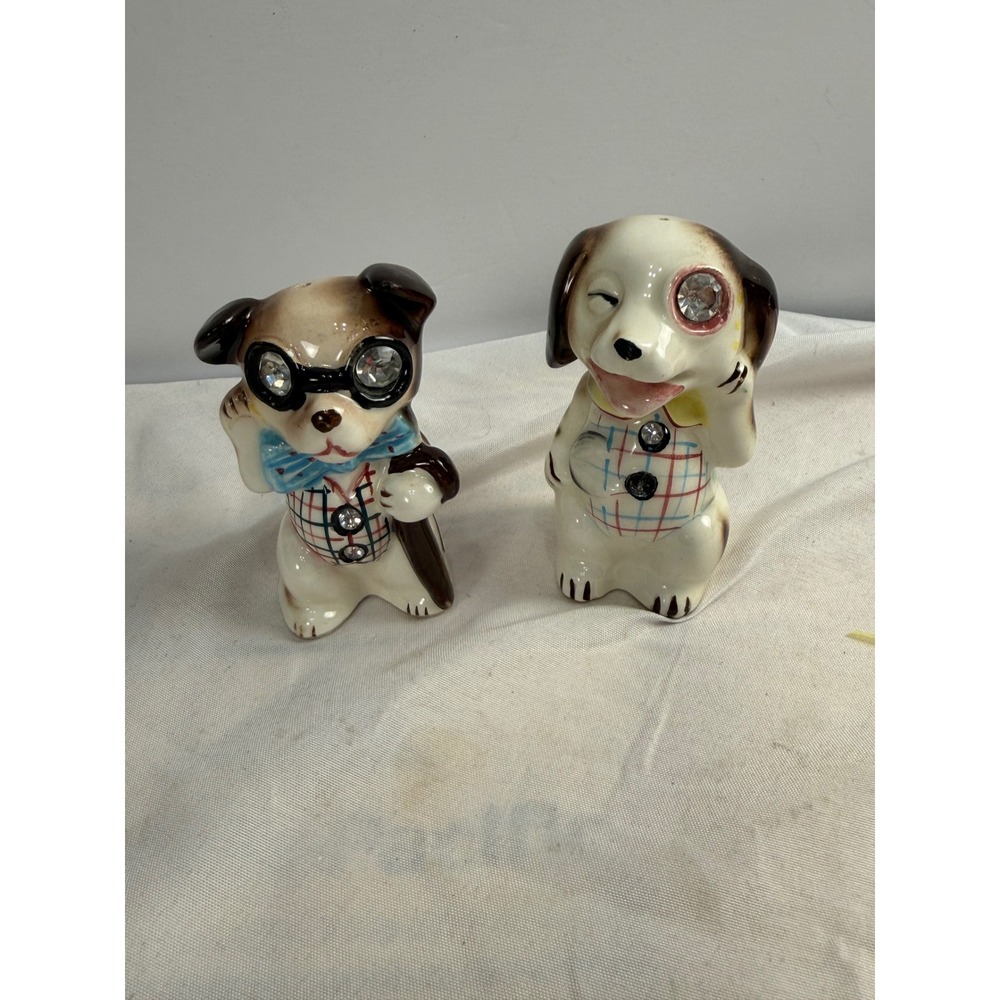 Vintage Lefton Dog Salt and Pepper Shakers Rhinestone Glasses Japan 20404 Set